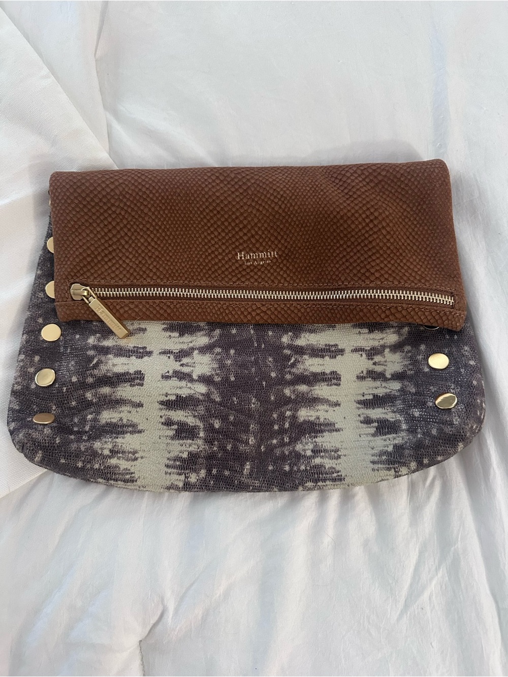 Hammitt Brown Suede Foldover Clutch with Gray Patterned Fabric